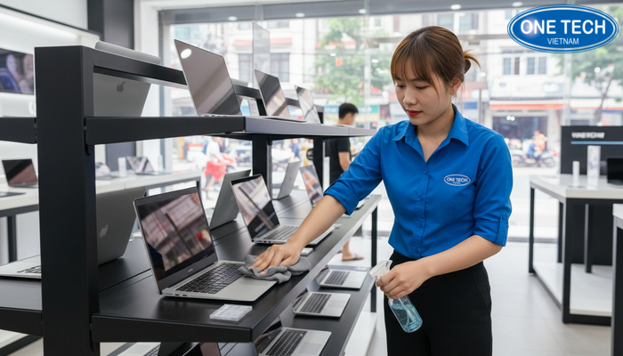 Hướng dẫn vệ sinh kệ trưng bày laptop Các bước vệ sinh kệ trưng bày laptop bằng khăn mềm và dung dịch phù hợp