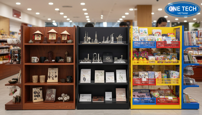 Chất liệu kệ trưng bày đồ lưu niệm Minh họa các chất liệu kệ gỗ, kim loại và nhựa trong trưng bày đồ lưu niệm