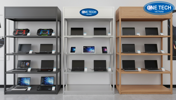 Chất liệu kệ trưng bày laptop phổ biến Chất liệu phổ biến của kệ trưng bày laptop gồm thép sơn tĩnh điện kính cường lực gỗ MDF