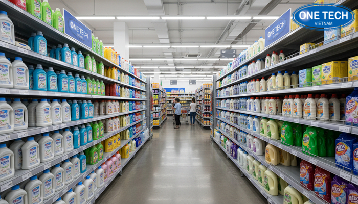 Chất liệu kệ trưng bày nước giặt Chất liệu kệ trưng bày nước giặt gồm thép sơn tĩnh điện, inox và nhựa chịu lực