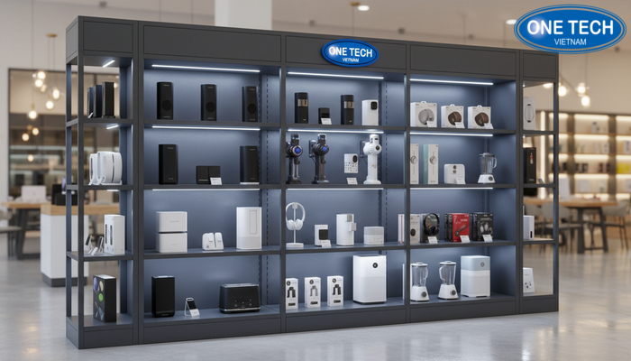 Đèn LED chiếu điểm giúp kệ trưng bày đồ điện nổi bật, dễ thu hút