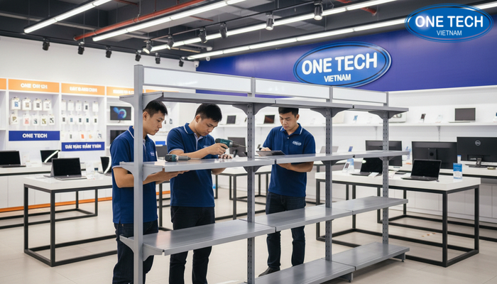 Lắp đặt kệ trưng bày laptop OneTech Group Đội ngũ lắp đặt kệ trưng bày laptop tại Bắc Ninh