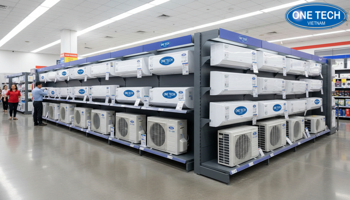 Hệ kệ điều hoà đồng bộ Hệ kệ trưng bày điều hoà đồng bộ theo dãy trong siêu thị điện máy