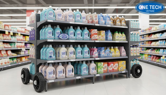 Kệ trưng bày nước giặt bánh xe Kệ trưng bày nước giặt có bánh xe chịu lực, dễ di chuyển