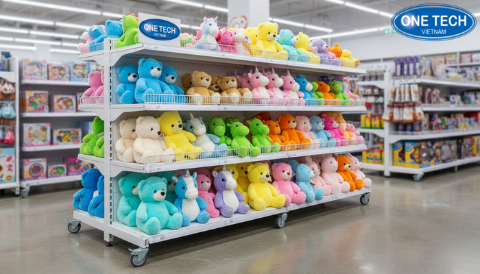 Kệ có bánh xe giúp di chuyển nhanh, phù hợp đổi layout cửa hàng