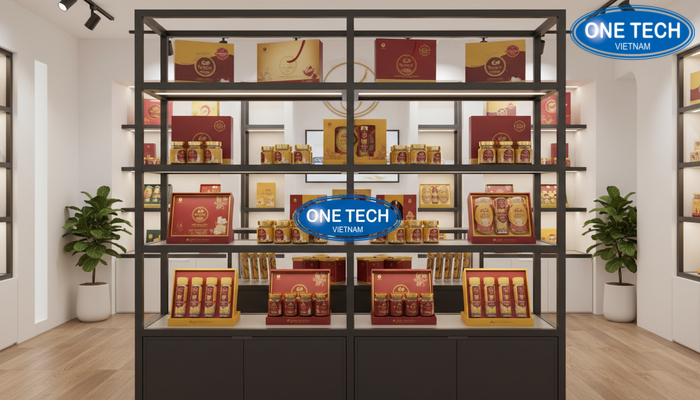 Kệ đảo trung tâm trưng bày yến sào Kệ đảo trung tâm thu hút khách trong showroom yến sào