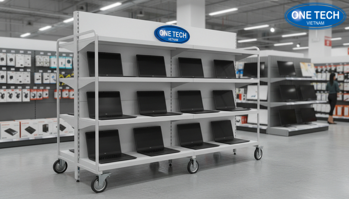 Kệ để laptop siêu thị có bánh xe Kệ để laptop siêu thị có bánh xe dễ di chuyển linh hoạt