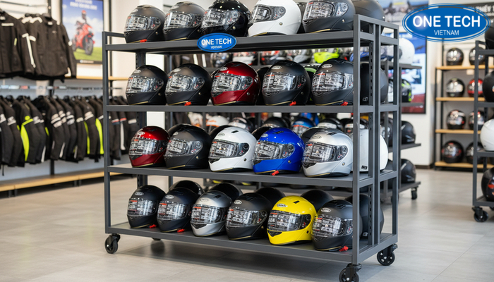 Kệ di động có bánh xe trưng bày mũ bảo hiểm