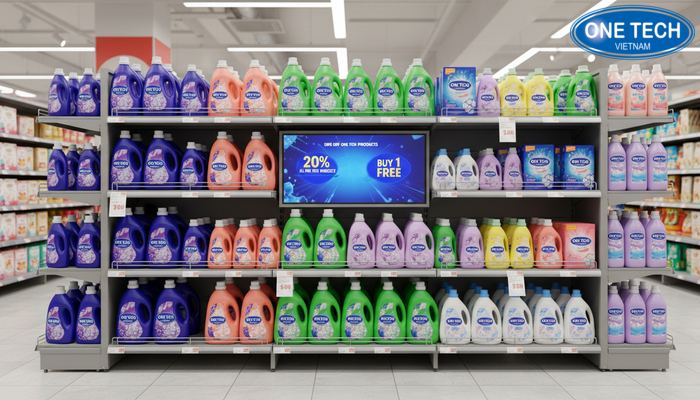 Kệ trưng bày nước giặt ứng dụng công nghệ Kệ trưng bày nước giặt tích hợp bảng điện tử và hiển thị khuyến mãi