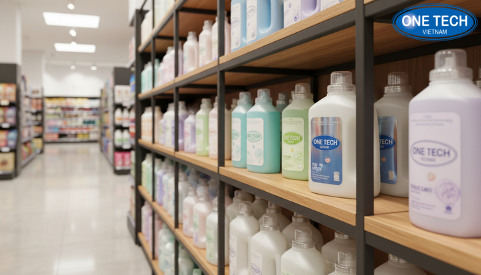 Kệ gỗ khung sắt trưng bày nước giặt Kệ gỗ khung sắt trưng bày nước giặt thẩm mỹ cho cửa hàng hiện đại