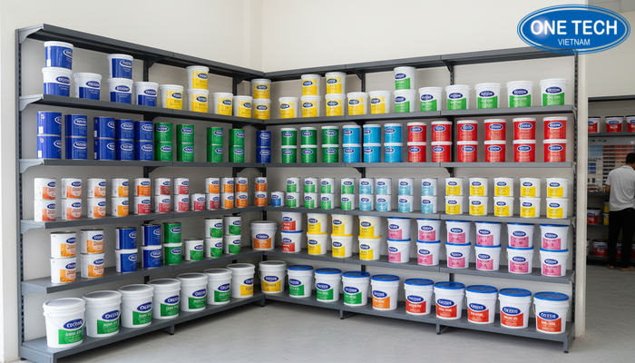 Kệ góc và kệ sát tường tối ưu diện tích cửa hàng sơn nhỏ