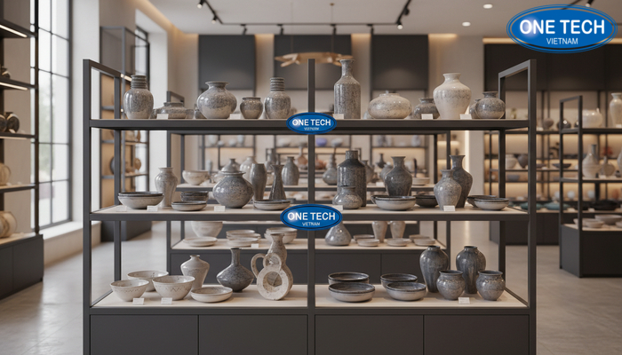 Kệ kim loại trưng bày gốm sứ Kệ kim loại trưng bày gốm sứ trong cửa hàng