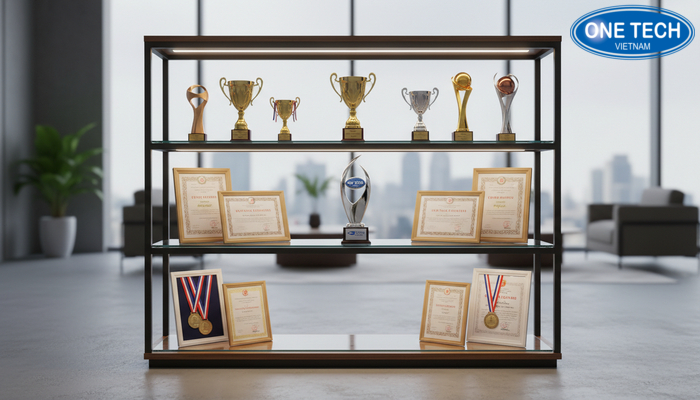 Kệ kính kim loại có đèn LED trưng bày cúp huy chương bằng khen