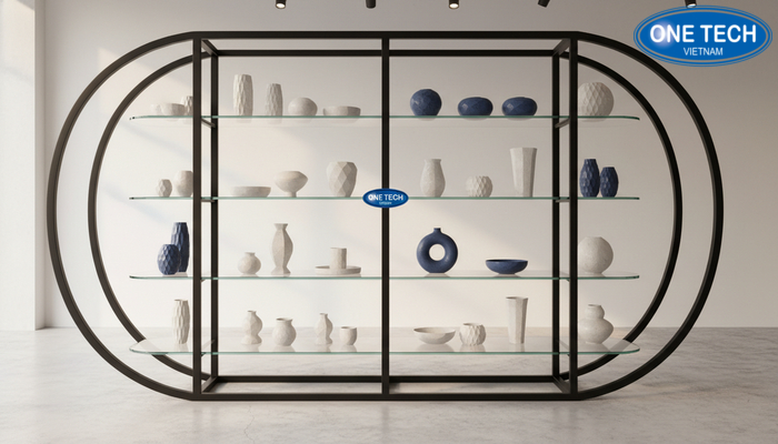 Kệ kính nhiều tầng trưng bày đồ sứ Kệ kính nhiều tầng trưng bày đồ sứ kết hợp ánh sáng