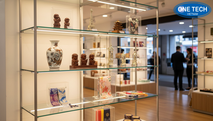 Kệ kính trưng bày quà lưu niệm cao cấp Kệ kính sang trọng trưng bày quà lưu niệm cao cấp