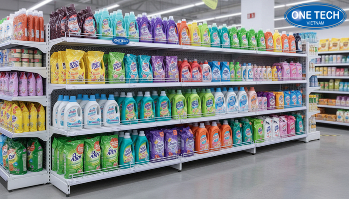 Kệ trưng bày nước giặt lưng lưới Kệ siêu thị lưng lưới trưng bày nước giặt theo tầng