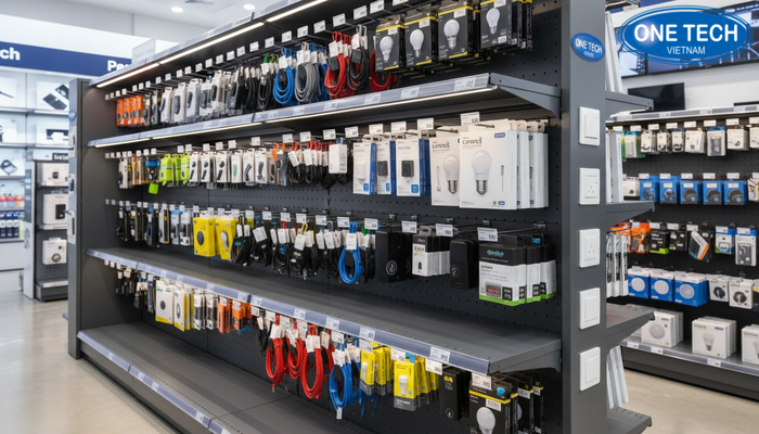 Kệ móc treo phụ kiện điện có bảng giá và đèn LED chiếu sáng