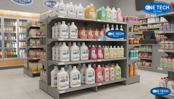 Kệ trưng bày nước giặt tối ưu không gian nhỏ Thiết kế kệ nhỏ gọn đa chức năng giúp khu nước giặt nổi bật trong cửa hàng nhỏ