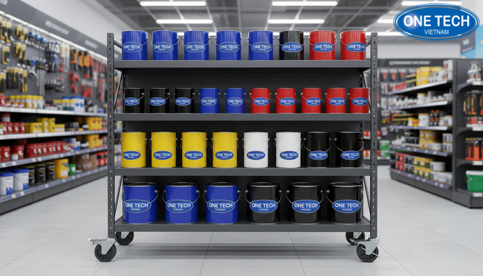Kệ sắt đa năng có bánh xe giúp thay đổi layout trưng bày sơn nước