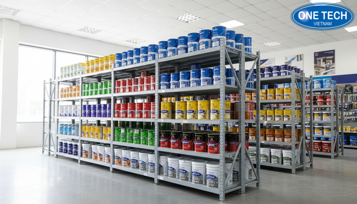 Kệ sắt V lỗ bền, chịu lực cao cho khu trưng bày và tồn thùng sơn