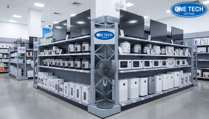 Dãy kệ siêu thị điện máy chất lượng cao trưng bày đồ gia dụng theo từng khu