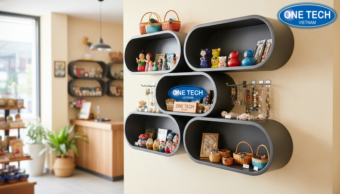 Kệ treo tường trưng bày đồ lưu niệm Kệ treo tường dạng ô trưng bày đồ lưu niệm gọn gàng