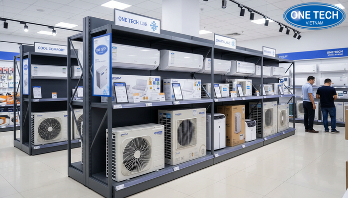 Kệ trưng bày điều hoà khu khuyến mãi Khu khuyến mãi sử dụng kệ trưng bày điều hoà đa năng
