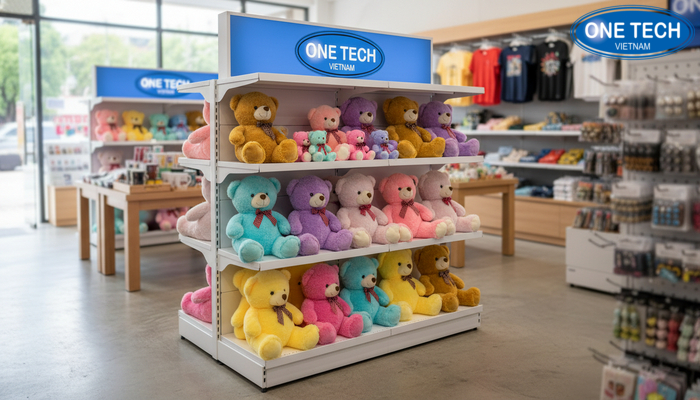 Kệ kết hợp bảng quảng cáo và logo thương hiệu cho shop quà lưu niệm