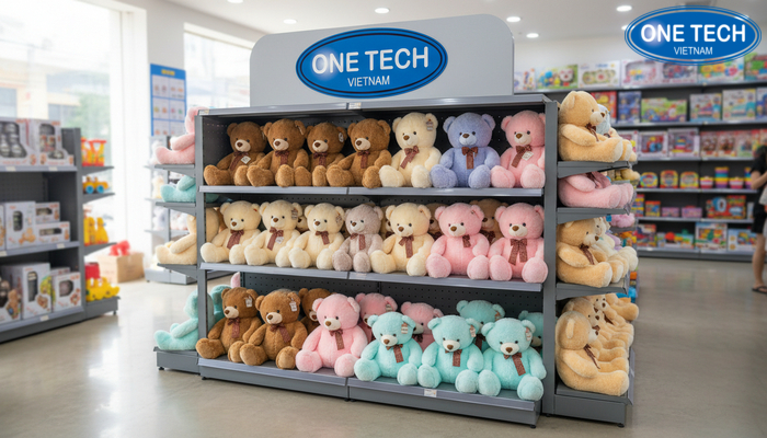 Kệ trưng bày gấu bông tại cửa hàng giúp sản phẩm nổi bật và gọn gàng