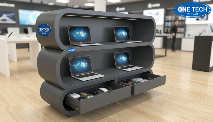 Kệ trưng bày laptop có ngăn kéo phụ kiện Kệ trưng bày laptop có ngăn kéo phụ kiện tối ưu bán kèm