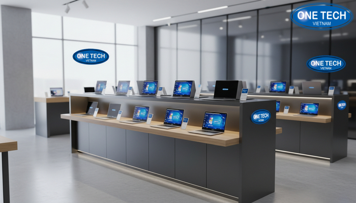 Kệ trưng bày laptop LED hiện đại Kệ trưng bày laptop đèn LED hiện đại trong showroom