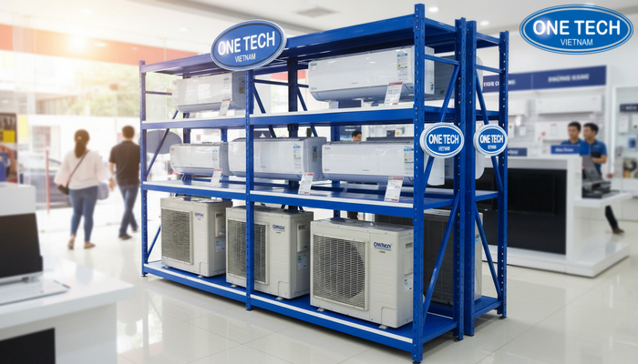 Kệ trưng bày máy lạnh đa năng Kệ trưng bày máy lạnh đa năng ứng dụng thực tế tại cửa hàng điện máy