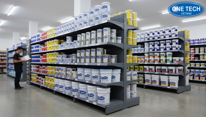 Cửa hàng sơn sử dụng kệ trưng bày sơn nước gọn gàng, dễ lựa chọn