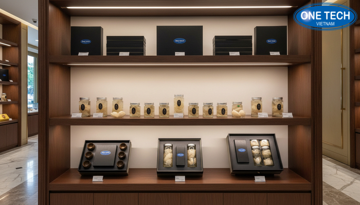 Kệ trưng bày yến sào tạo ấn tượng thương hiệu Kệ trưng bày yến sào trong không gian showroom sang trọng