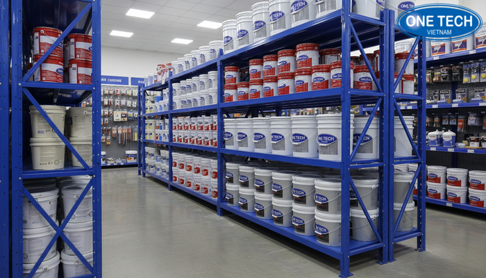 Kệ trung tải cho thùng sơn lớn, phù hợp kho và đại lý