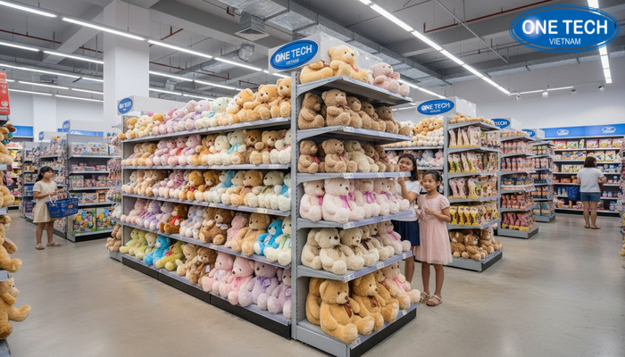 Khách hàng quan sát và chọn mua gấu bông thuận tiện trên kệ trưng bày