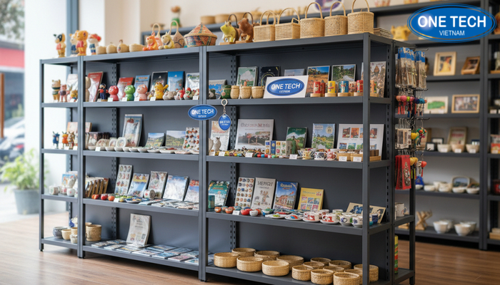 Thi công kệ trưng bày đồ lưu niệm hoàn thiện Hình ảnh lắp đặt kệ trưng bày hoàn thiện cho cửa hàng quà lưu niệm