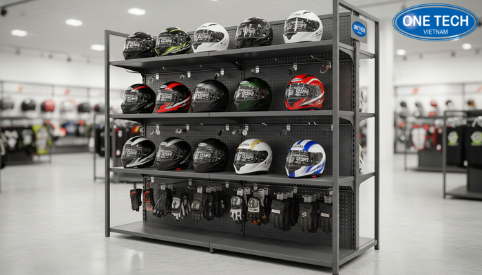 Kệ lưng lưới hoặc lưng tôn đục lỗ trưng bày mũ và phụ kiện