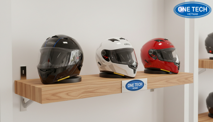 Kệ để mũ bảo hiểm bằng gỗ MDF phủ melamine phong cách showroom