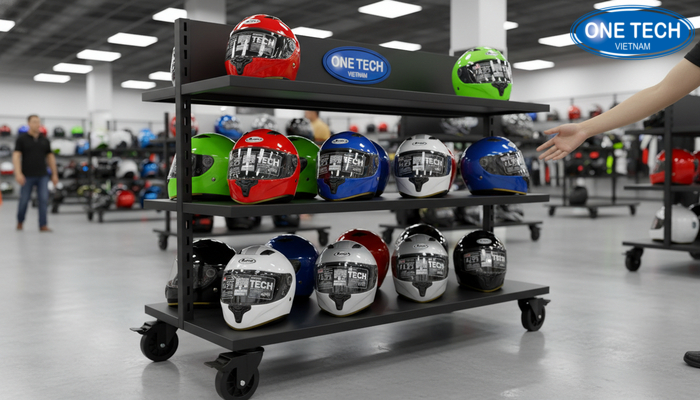 Kệ di động bánh xe khóa trưng bày mũ bảo hiểm