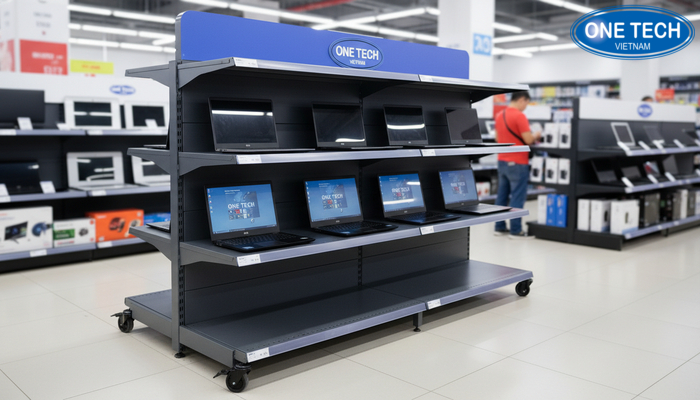 Mẫu kệ để laptop siêu thị bánh xe Mẫu kệ để laptop siêu thị có bánh xe linh hoạt