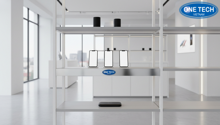 Mẫu kệ trưng bày đồ điện phong cách tối giản, phù hợp showroom hiện đại