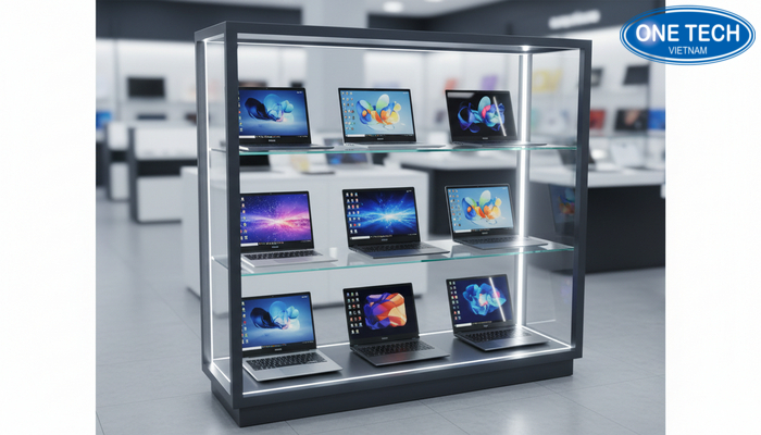 Mẫu tủ kính trưng bày laptop 3 tầng Mẫu tủ kính trưng bày laptop 3 tầng bán chạy