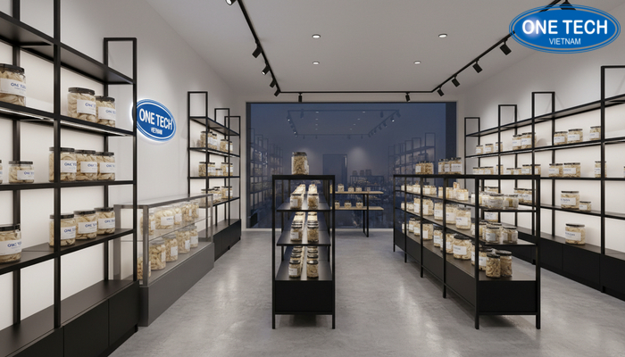 Xu hướng thiết kế showroom yến sào hiện đại Phối cảnh showroom yến sào hiện đại với hệ kệ trưng bày cao cấp và ánh sáng chuẩn