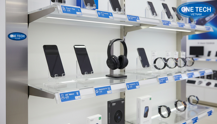 Phụ kiện kệ gồm bảng giá, nẹp giá giúp trưng bày thiết bị điện rõ ràng