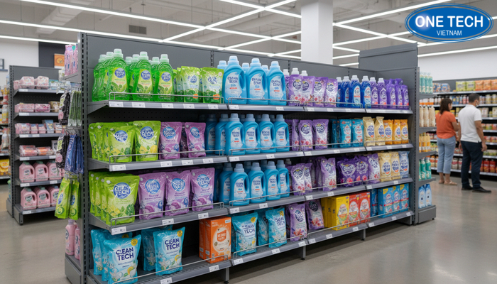 Cách sắp xếp kệ trưng bày nước giặt Sắp xếp nước giặt và nước xả vải khoa học theo tầng, dễ nhìn dễ lấy