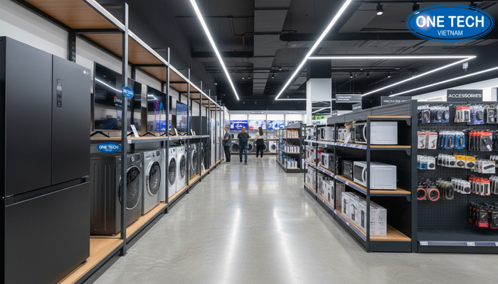 Sơ đồ gợi ý phân khu và bố trí kệ trưng bày đồ điện theo luồng di chuyển