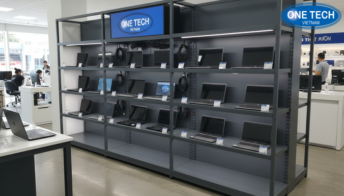 Sơ đồ kích thước kệ trưng bày laptop gợi ý Sơ đồ kích thước gợi ý cho kệ trưng bày laptop theo tầm mắt người dùng