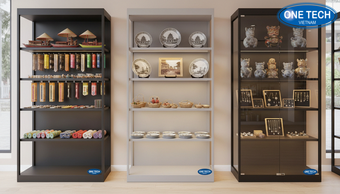 So sánh các loại kệ trưng bày đồ lưu niệm So sánh kệ đứng, kệ treo tường và tủ kính trưng bày đồ lưu niệm