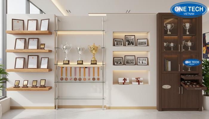 So sánh kệ gỗ, kệ kính có đèn LED, kệ âm tường và tủ kính đa ngăn